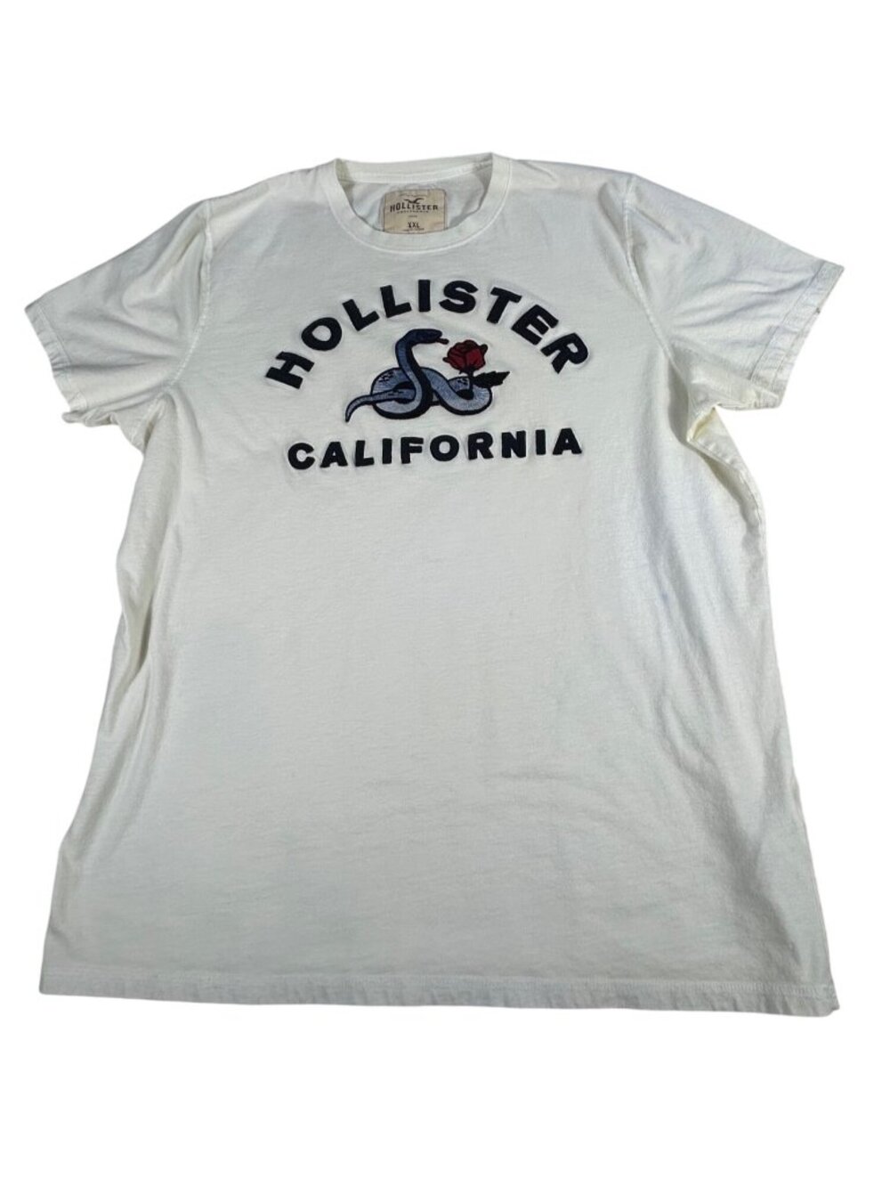 Hollister Cream Graphic T-Shirt Men's XXL Snake Rose Embroidery California Logo